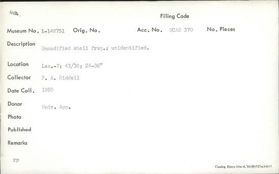 Documentation associated with Hearst Museum object titled Shell, accession number 1-148751, described as Unmodified, unidentified.