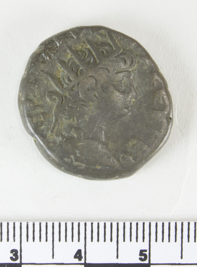 Hearst Museum object 8 of 10 titled Coin: billon tetradrachm, accession number 6-22605, described as obverse: bust of Nero, right. radiate, wearing cloak and cuirass reverse: bust of Apollo, right