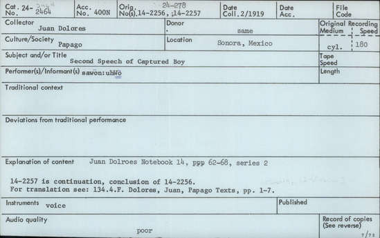 Documentation associated with Hearst Museum object titled Audio recording, accession number 24-2464, described as Second speech of captured boy Notebook 14, pp62-68 Series 2