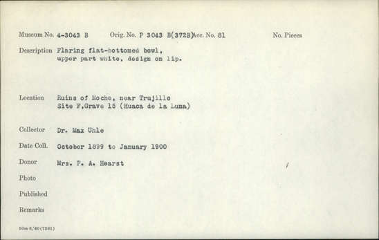 Documentation associated with Hearst Museum object titled Bowls (2), accession number 4-3043b, described as Flaring flat-bottomed bowl, upper part white, design on lip