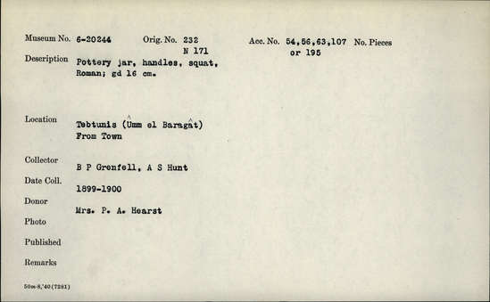 Documentation associated with Hearst Museum object titled Jar, accession number 6-20244, described as Pottery jar, handles, squat, Roman; greatest diameter 16 cm.