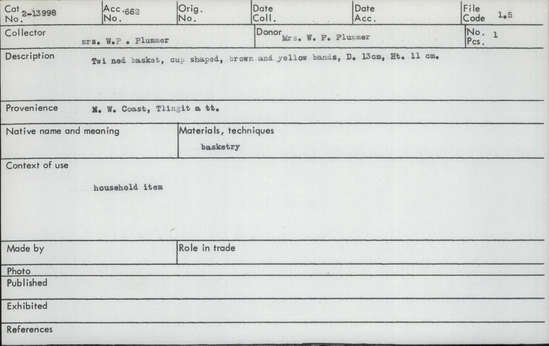 Documentation associated with Hearst Museum object titled Basket, accession number 2-13998, described as Twined, cup shaped, brown and yellow bands.