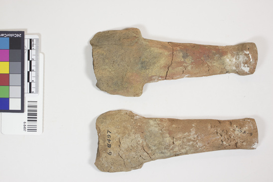 Hearst Museum object titled Incomplete ushabti, accession number 6-8497, described as Pottery shabti, head missing. Height 15cm.