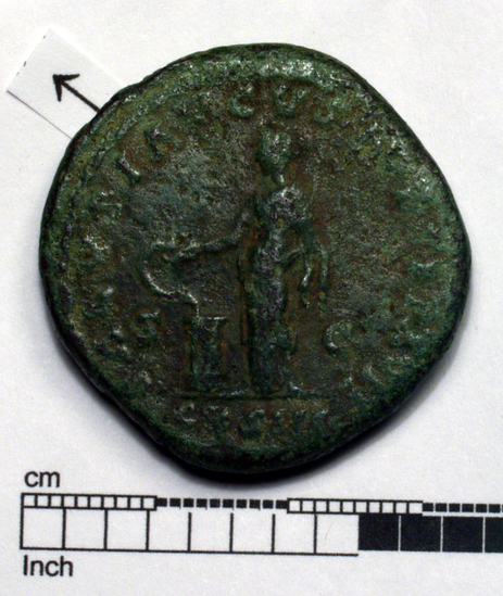 Hearst Museum object 2 of 8 titled Coin: æ sestertius, accession number 8-4022, described as Coin; AE; Sestertius; Roman. Marcus Aurelius, 161-162 AD. Rome, Italy Obverse: IMP CAES M AVREL ANTONINVS AVG P M, Bust r. laureate. Reverse: SALVTI AVGVSTOR TR P XVII, Salus left feeding snake at altar; S C in field; in exergue, COS III.