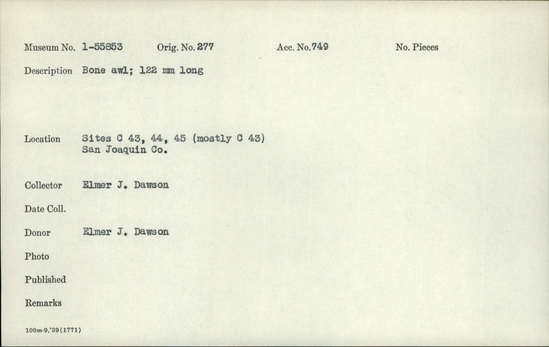 Documentation associated with Hearst Museum object titled Awl, accession number 1-55853, described as bone awl; 122mm long