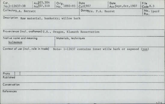 Documentation associated with Hearst Museum object titled Bark, accession number 1-12637, described as Willow and inner willow bark or sapwood.