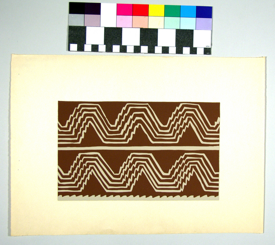 Hearst Museum object titled Silkscreen print, accession number 17-466, described as Brown on buff bands containing parallel truncated zig-zags partly straight, partly wavy.