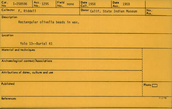 Documentation associated with Hearst Museum object titled Bead pattern, accession number 1-258596, described as Rectangular olivella, in wax.