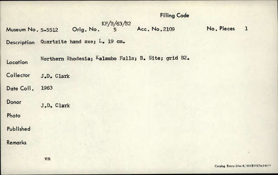 Documentation associated with Hearst Museum object titled Handaxe, accession number 5-5512, described as Quartzite hand axe; L. 19 cm