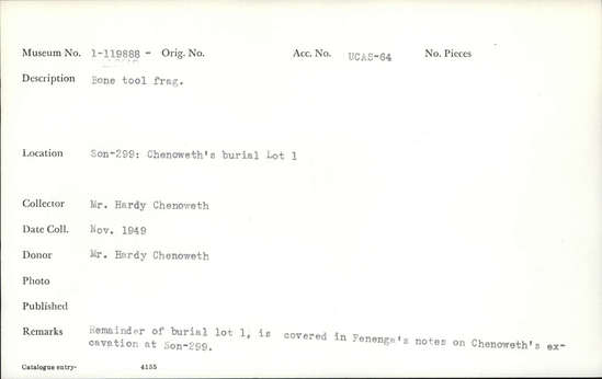 Documentation associated with Hearst Museum object titled Worked bone, accession number 1-119888, described as Bone.