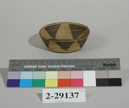 Hearst Museum object titled Basket, accession number 2-29137, described as Small, bowl-shaped. Triangle design.