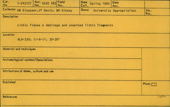 Documentation associated with Hearst Museum object titled Debitage, accession number 1-243127, described as Lithic flakes and debitage and unworked lithic fragments.