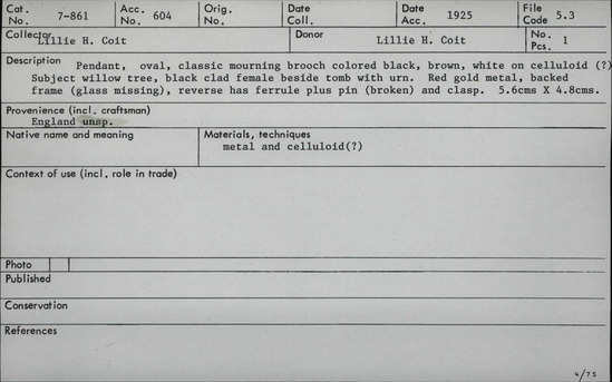 Documentation associated with Hearst Museum object titled Portrait, accession number 7-861, described as Gold portrait formerly used as brooch (colored)