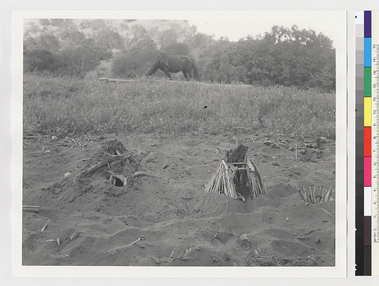 Hearst Museum object titled Black-and-white negative, accession number 15-3281, described as Model of house and sweathouse made by Captain Jim