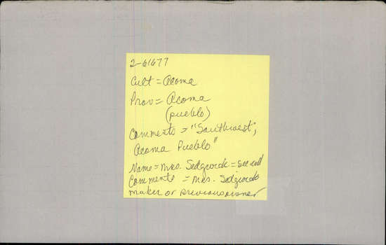 Documentation associated with Hearst Museum object titled Bowl, accession number 2-61677, described as Ceramic, shallow, polychrome, orange and black on white, two-headed bird design on interior only, crack extending from rim to interior, 2 perforated lugs on back. Label on back says "Acoma. Eagle or Thunder Bird", pencilled on back is "Mrs. Sedgwick".