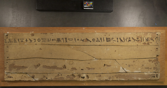 Hearst Museum object titled Coffin, accession number 6-2797, described as Multiple fragments of a yellow wooden coffin inscribed for Seni in black hieroglyphs.  Some fragments with remains of plaster.