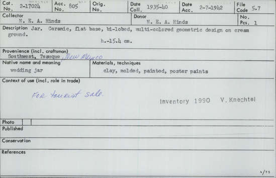 Documentation associated with Hearst Museum object titled Jar, accession number 2-17024, described as Ceramic, flat base. Bi-lobed, multicolored geometric design on cream ground. Molded, painted with poster paints.