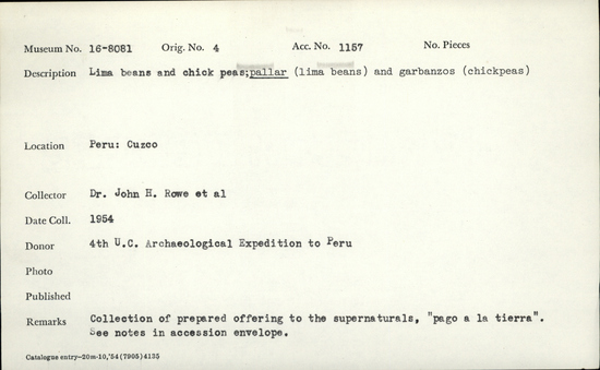 Documentation associated with Hearst Museum object titled Organic material, accession number 16-8081, described as Lima beans and chickpeas