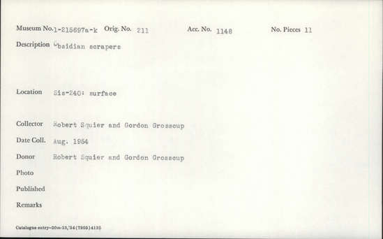 Documentation associated with Hearst Museum object titled Scrapers, accession number 1-215697a-k, described as Obsidian scrapers