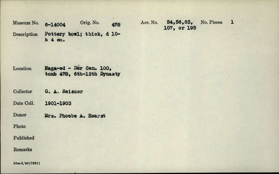 Documentation associated with Hearst Museum object titled Bowl, accession number 6-14004, described as pottery bowl; thick, diameter 10- height 4 cm