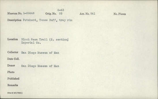 Documentation associated with Hearst Museum object titled Potsherd, accession number 1-66446, described as Tumco Buff, tray rim.