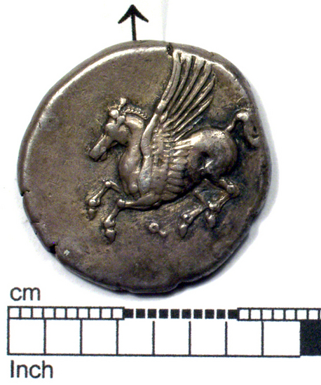 Hearst Museum object 3 of 10 titled Coin: ar stater, accession number 8-5484, described as Coin; AR; Stater; Greek. 8.4312 grams, 23 mm. 400-338 BC. Corinth, Greece. Obverse: Pegasus with pointed wings flying l.; below, Ϙ. Reverse: Head of Pallas l. helmeted; in field, ΔΙ; to right, Artemis (Latin: Diana) running l., holding long torch with both hands. Remarks: "condition, excellent.