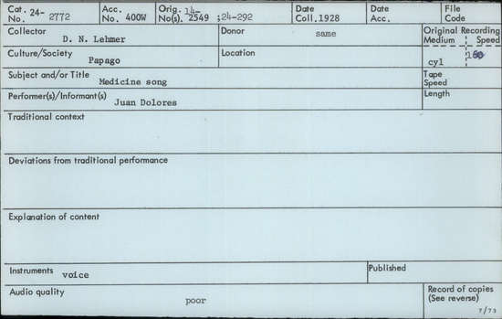 Documentation associated with Hearst Museum object titled Audio recording, accession number 24-2772, described as Medicine Song