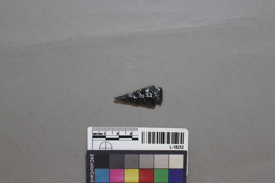 Hearst Museum object titled Arrowhead, accession number L-18232, described as black obsidian arrow point