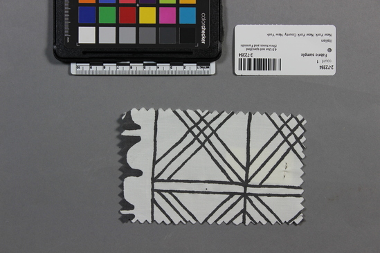 Hearst Museum object titled Fabric sample, accession number 2-72394, described as 100% long staple cotton sample, no. 5315, Ashanti design, black and white color, Fortuny Inc.