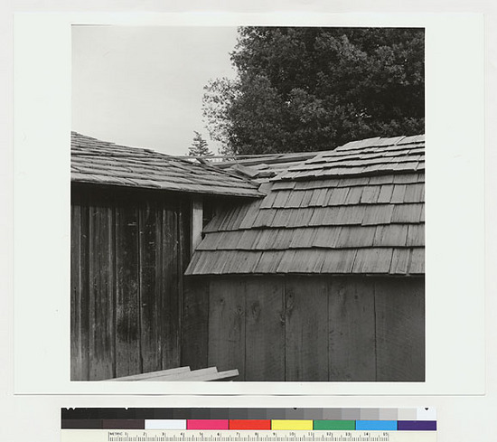 Hearst Museum object titled Black-and-white negative, accession number 15-19461, described as Close-up of roundhouse connection with entranceway and new roofing