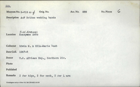 Documentation associated with Hearst Museum object titled Wedding bands, accession number 5-819a-f, described as Native term: Omusendje vomufuko (singular) omisenje jovafuko (plural). Bride’s wedding bands. Two for hips. Two for neck. Two for left arm. Double bands of twigs form the omusendje bush tied with twine made from the pulp of a succulent.