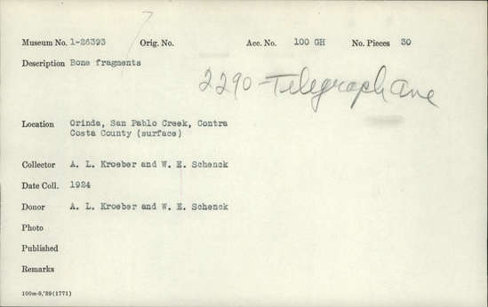 Documentation associated with Hearst Museum object titled Faunal remains, accession number 1-26393, described as Bone fragments.