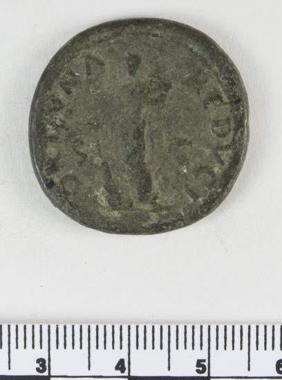 Hearst Museum object 8 of 8 titled Coin: æ as, accession number 8-6404, described as Coin; Æ; aes grave; as; Vespasian - 12.65 grams. Obverse: IMP CAES VESPASIAN AVG COS III - Head laureate facing right. Reverse: FORTVNAE REDVCI - SC in field - Fortuna standing facing left holding rudder on globe and cornucopiae.