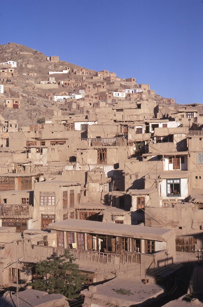 Hearst Museum object titled Color slide, accession number 25-31002, described as 35mm color slide transparency: multiple structures on a hill