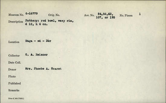 Documentation associated with Hearst Museum object titled Bowl, accession number 6-16779, described as pottery: red bowl, wavy rim, diameter 12, height 6 cm