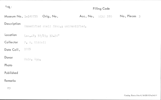 Documentation associated with Hearst Museum object titled Shell, accession number 1-148735, described as Unmodified, unidentified.