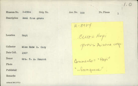 Documentation associated with Hearst Museum object titled Bowl, accession number 2-8934, described as Ceramic bowl with flat base, kachina face design in dark brown and red on buff ground on interior, brown framing lines, red rim, work and chipped over all.