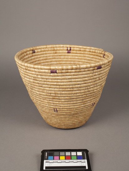 Hearst Museum object titled Basket, accession number 5-4541, described as Basket; coiled yitende grass; purple oblong design; diameter: 30.5 cm; height: 23 cm.