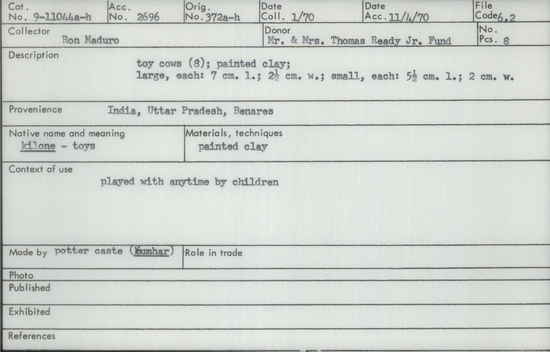 Documentation associated with Hearst Museum object titled Toy cows, accession number 9-11044a-h, described as Toy cows (8); painted clay;  large, each:  7 cm. length; 2 1/2 cm. width; small, each: 5 1/2 cm. length; 2 cm. width