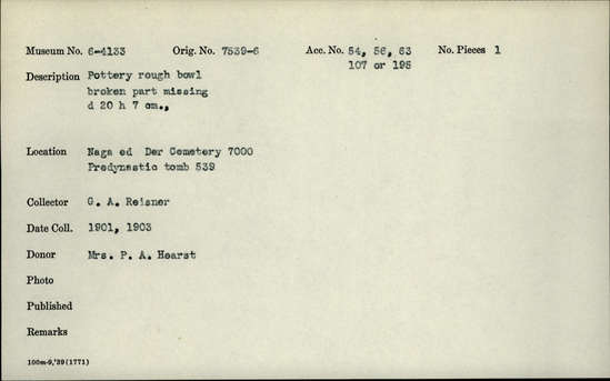 Documentation associated with Hearst Museum object titled Broken bowl, accession number 6-4133, described as Pottery, rough bowl, broken, part missing; diameter 20 cm, height 7 cm