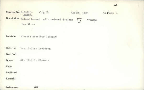 Documentation associated with Hearst Museum object titled Basket, accession number 2-29720, described as Twined, with colored designs, bucket shape.