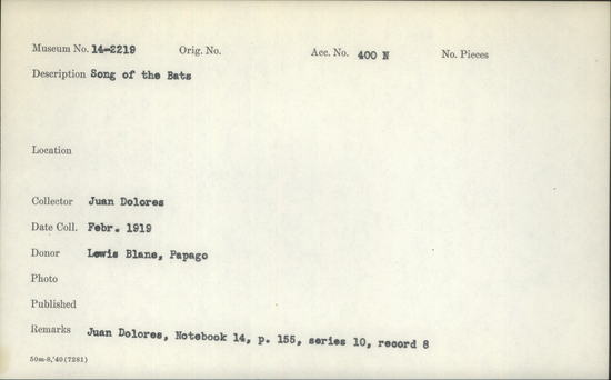 Documentation associated with Hearst Museum object titled Wax cylinder recording, accession number 14-2219, described as Song of the Bats Notebook