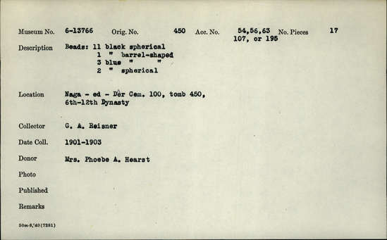 Documentation associated with Hearst Museum object titled Beads, accession number 6-13766, described as Beads: 11 black spherical, 1 black barrel-shaped, 3 blue barrel-shaped, 2 blue spherical. [inv.: ball, cylinder and barrel beads, original object count: 17]