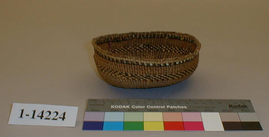 Hearst Museum object titled Food basket, accession number 1-14224, described as Food basket; twined. Warp and weft are Tule (Schoenoplectus acutus). White patter is Reed (Phragmites vulgaris). Black dye is Tule in mud. Yellow dye is Porcupine quills (Erethizon dorsatum) in Wolf lichen (Letharia vulpina). Band in black and yellow, followed by band in black and white.