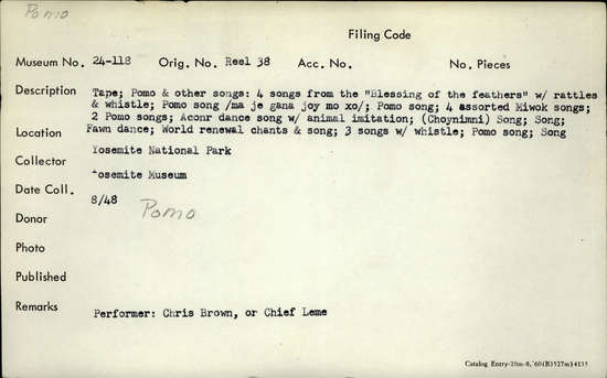 Documentation associated with Hearst Museum object titled Audio recording, accession number 24-118.S#16.A.9, described as Chant (with rattle)