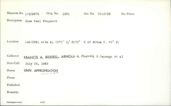 Documentation associated with Hearst Museum object titled Worked bone, accession number 1-109875, described as Bone.