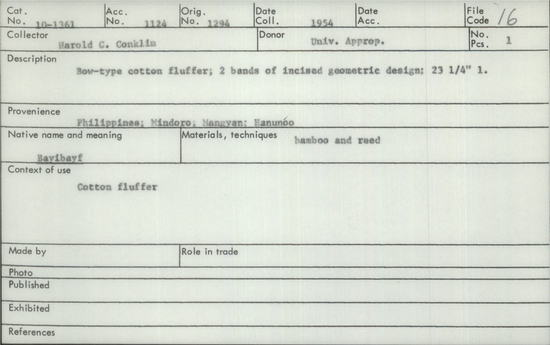 Documentation associated with Hearst Museum object titled Musical bow, accession number 10-1361, described as Bow-type cotton fluffer; 2 bands of incised geometric design; 23 1/4” 1.