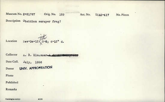 Documentation associated with Hearst Museum object titled Scraper fragment ?, accession number 2-31767, described as Obsidian.
