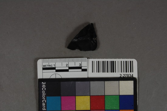 Hearst Museum object titled Obsidian projectile point fragment, accession number 2-27034, described as Obsidian projectile point fragment