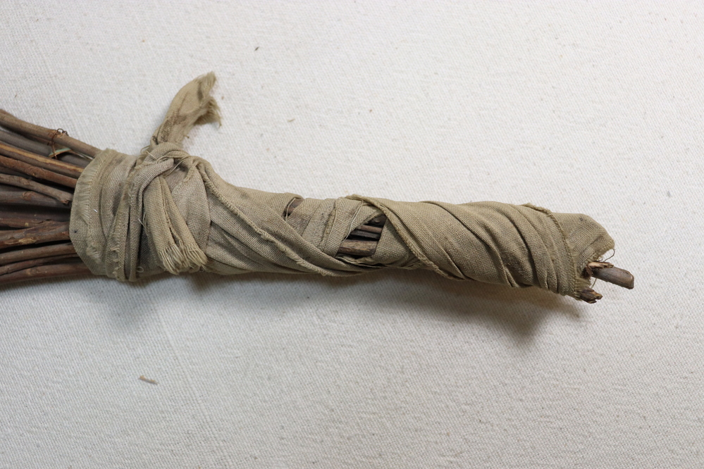 Hearst Museum object titled Seed beater, accession number 1-14408, described as Seed beater.  Parallel rods emerging from wrapped handle and twined to hoop and one split transverse rod.  Used especially for chia. Sumac